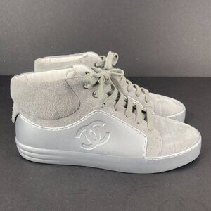 Chanel Grey Silver Suede Rubber CC High Top Sneakers Size 37.5